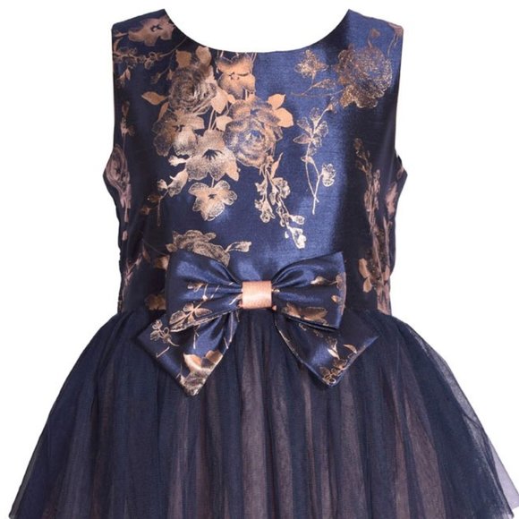 Bonnie Jean Girls Navy Pink Foiled Shantung Tiered Mesh Dress - Picture 2 of 4